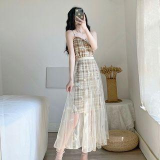 Set: Spaghetti Strap Plaid Mini A-line Dress + Mesh Skirt