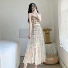 Set: Spaghetti Strap Plaid Mini A-line Dress + Mesh Skirt