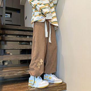 Cross Embroidered Corduroy Drawstring-cuff Pants
