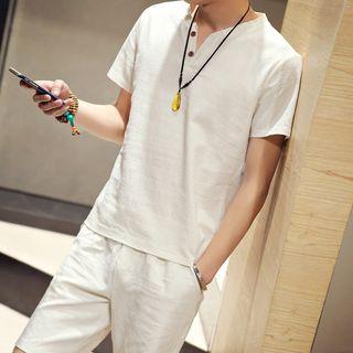 Set: V-neck Short-sleeve T-shirt + Drawstring Shorts