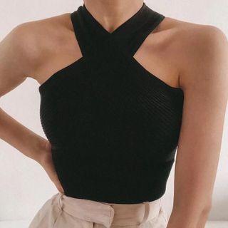 Halter-neck Sleeveless Ribbed Cross Strap Plain Knit Top
