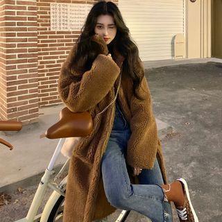 Fleece Zipped Long Coat Brown - One Size