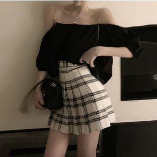 Cold Shoulder Elbow-sleeve Top / Plaid Mini Pleated Skirt