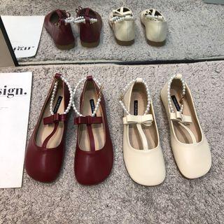 Faux Pearl Ankle-strap Ribbon Flats