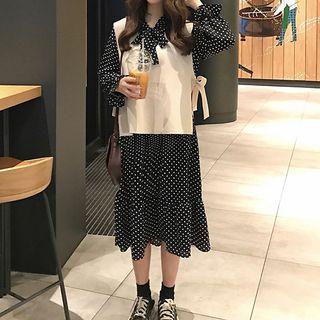 Set: Long-sleeve Midi Dotted Dress + Vest