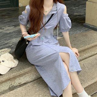Cold-shoulder Hooded Midi A-line Dress