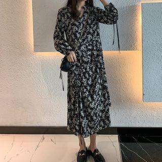 Floral Print Long-sleeve Midi A-line Slit Dress