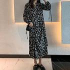 Floral Print Long-sleeve Midi A-line Slit Dress