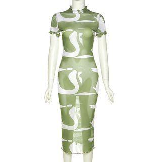 Short-sleeve Printed Midi Mesh Bodycon Dress