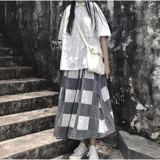 Elbow-sleeve Shirt / Plaid Midi Skirt