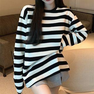 Long-sleeve Striped T-shirt Black Stripes - Almond - One Size
