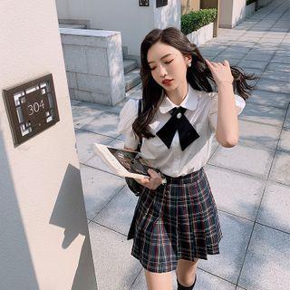 Short-sleeve Tie-neck Blouse / Plaid Mini Pleated Skirt / Spaghetti Strap Mini Dress