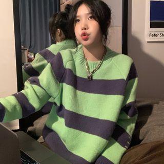 Embroidered Striped Sweater Green - One Size