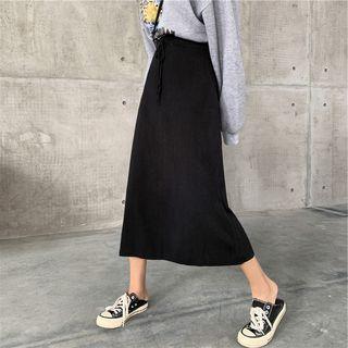 Drawstring A-line Knit Skirt Black - One Size