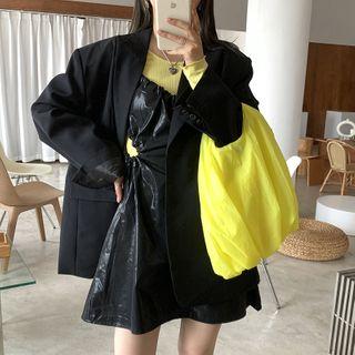 Faux Leather Drawstring A-line Pinafore Dress Black - One Size