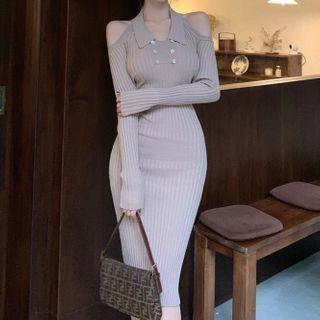 Cold-shoulder Collared Knit Sheath Dress