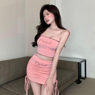 Lettering Tube Top / Drawstring Mini Skirt