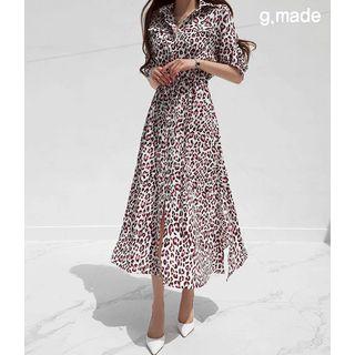 Drawstring-waist Leopard Maxi Shirtdress Pink - One Size