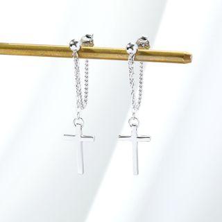 925 Sterling Silver Cross Dangle Earring 1 Pair - Silver - One Size