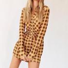 Long-sleeve Plaid Ruched Mini Shirt Dress