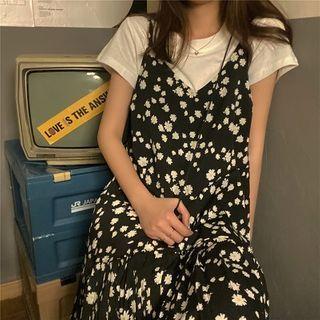Short-sleeve T-shirt / Floral Spaghetti Strap Mini A-line Dress / Knit Cardigan