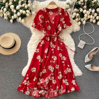 V-neck Flower Print Lace-up Strap Dress