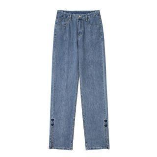 Heart Embroidered Slit Straight Leg Jeans