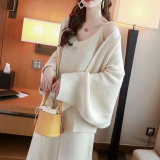 Set: Spaghetti Strap Knit Midi A-line Dress + Open Front Flared-sleeve Cardigan