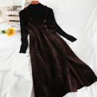 Set: Long-sleeve Knit Top + Corduroy Midi A-line Pinafore Dress