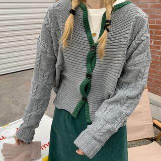 Contrast Trim Cable-knit Cardigan Knit Cardigan - Gray & Green - One Size
