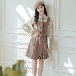 Mock Two-piece Pleated A-line Shirt Dress