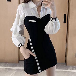 Set: Paneled Balloon-sleeve Ruffled Top + Shorts