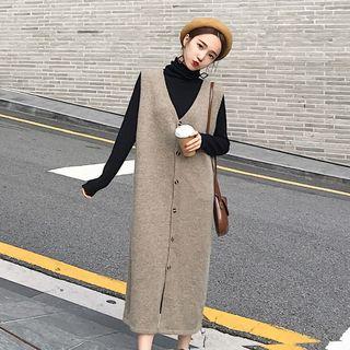 Set: Mock-turtleneck Long-sleeve Top + V-neck Buttoned Long Knit Vest