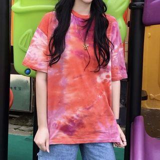 Elbow-sleeve Tie Dye T-shirt Tie-dye - Orange & Pink - One Size