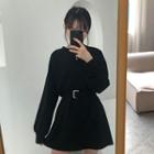Plain Long-sleeve Slim-fit Dress With Belt