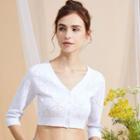 Long Sleeve V-neck Pointelle Crop Knit Cardigan Top