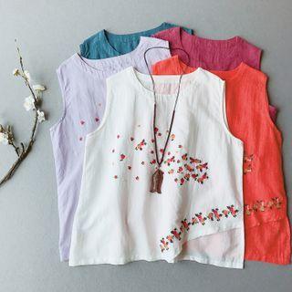 Sleeveless Floral Embroidered Linen Top