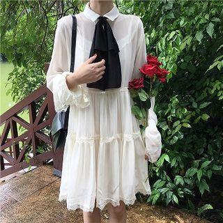 Long-sleeve Collared Tie-neck A-line Dress As Shown In Figure - One Size