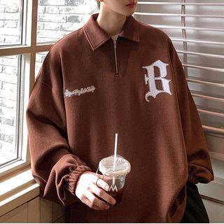 Letter Embroidered Half-zip Polo-neck Sweatshirt