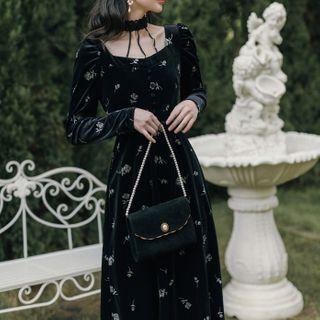 Long-sleeve Floral Print Velvet Midi Dress