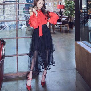 High-waist Asymmetrical A-line Mesh Skirt