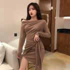 Tie-waist One-shoulder Long-sleeve Mini T-shirt Dress