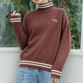 Mock Neck Lettering Embroidered Sweater
