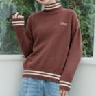 Mock Neck Lettering Embroidered Sweater