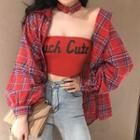 Set: Plaid Long-sleeve Loose-fit Shirt + Lettering Tube Top