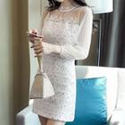 Mesh Panel Long-sleeve A-line Tweed Dress