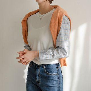 Plaid-sleeve Round-neck Top