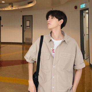 Elbow-sleeve Stitch Trim Cargo Shirt