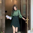 Set: Balloon-sleeve Shirt + Asymmetrical A-line Skirt