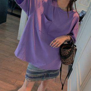 Plain Elbow-sleeve Pocket T-shirt
